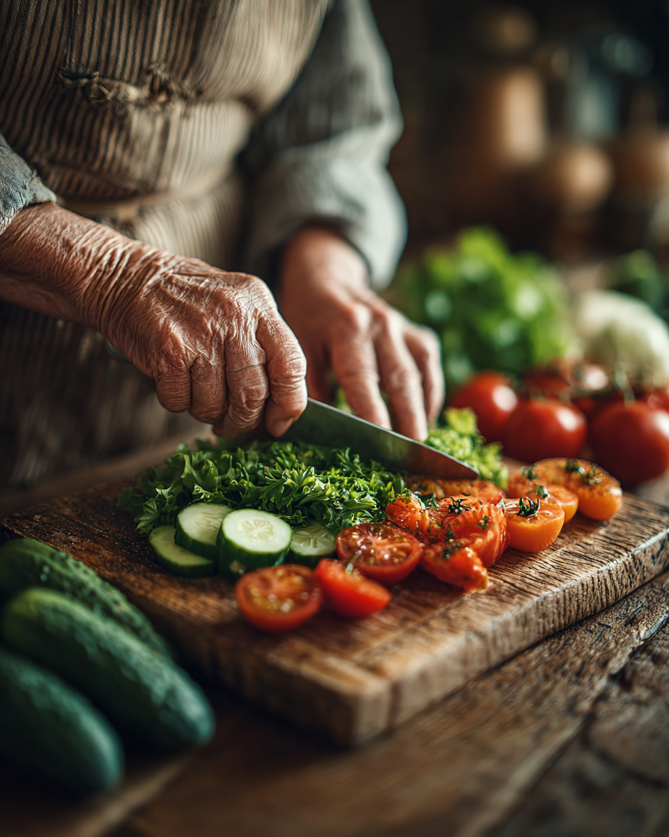 Старша жінка готує здорову їжу на кухні