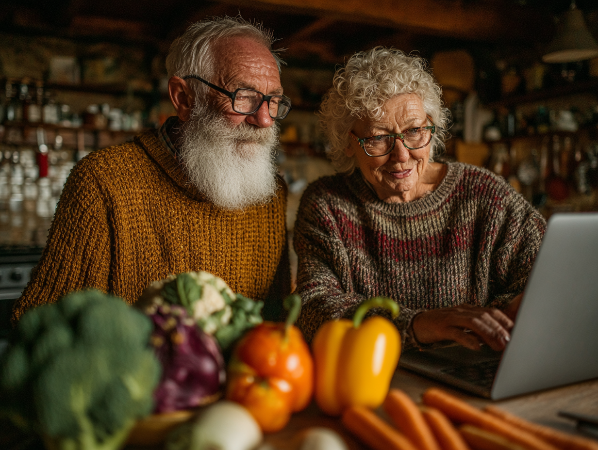 Щаслива пара старшого віку з корзиною свіжих продуктів